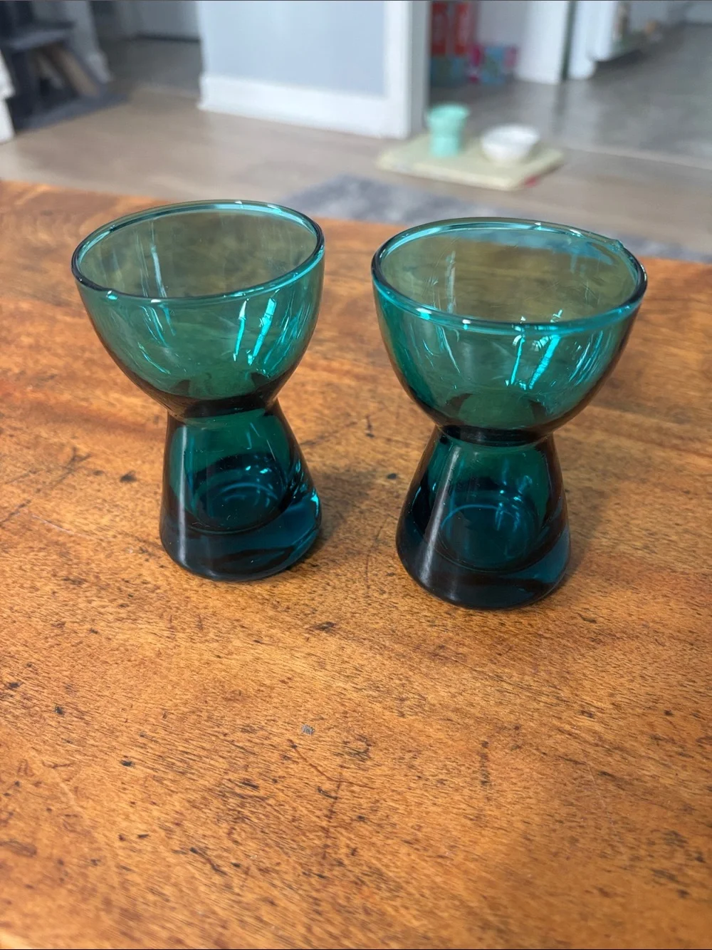 1965 Morgantown Barton-Peacock Blue Candleholder/Cordial Shot Glasses Vintage